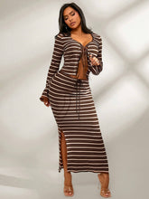2pcs/Set Comfy Casual Home & Outdoor Colorful Knitted Striped Outfit, Long Sleeve Drawstring Top & Low-Waist Long Skirt, Autumn/Winter